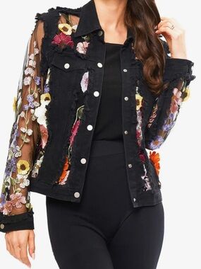 Adore Black Denim Jacket with Multicolor Floral Embroidery